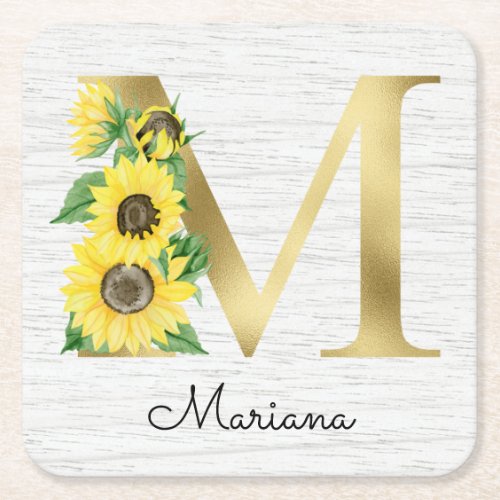 Monogram Gold Sunflower Girly Floral Initial M Square Paper Coaster