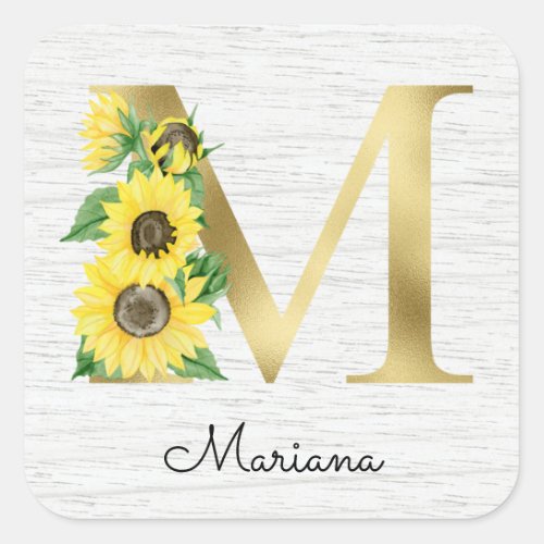 Monogram Gold Sunflower Girly Floral Initial M Square Sticker