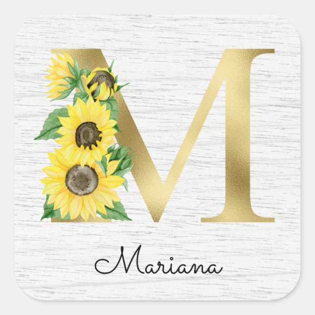 Monogram Gold Sunflower Girly Floral Initial M Square Sticker (Front)
