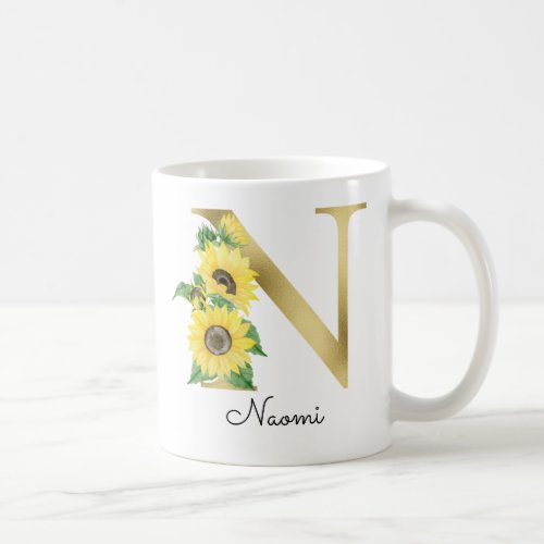 Monogram Gold Sunflower Girly Floral Initial N Coffee Mug