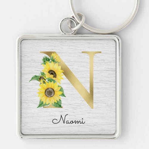 Monogram Gold Sunflower Girly Floral Initial N Keychain