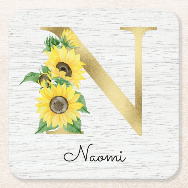 Monogram Gold Sunflower Girly Floral Initial N Square Paper Coaster (Front)