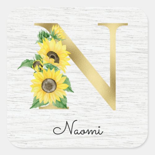 Monogram Gold Sunflower Girly Floral Initial N Square Sticker
