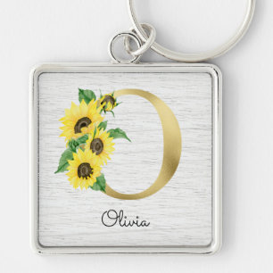 Monogram Gold Sunflower Girly Floral Initial O Keychain