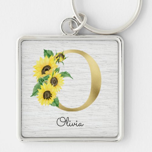 Monogram Gold Sunflower Girly Floral Initial O Keychain