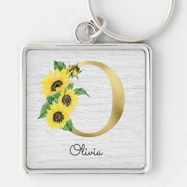 Monogram Gold Sunflower Girly Floral Initial O Keychain (Front)
