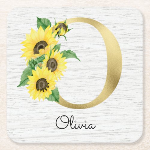 Monogram Gold Sunflower Girly Floral Initial O Square Paper Coaster