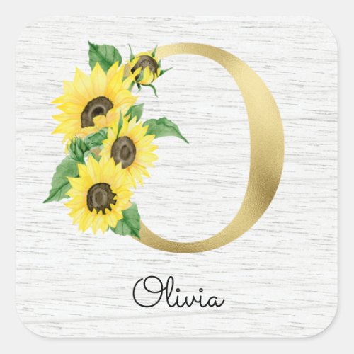 Monogram Gold Sunflower Girly Floral Initial O Square Sticker