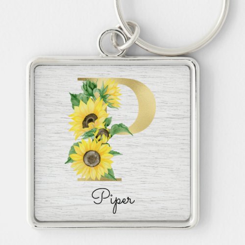 Monogram Gold Sunflower Girly Floral Initial P Keychain