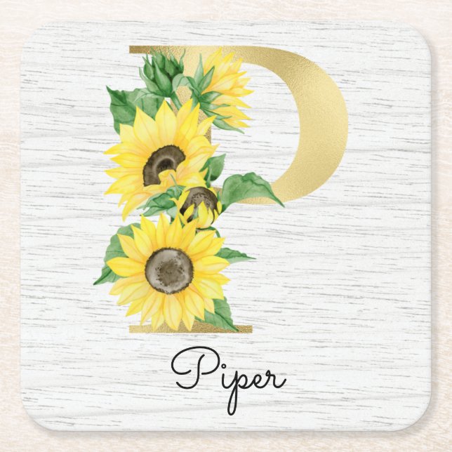 Monogram Gold Sunflower Girly Floral Initial P Square Paper Coaster (Front)