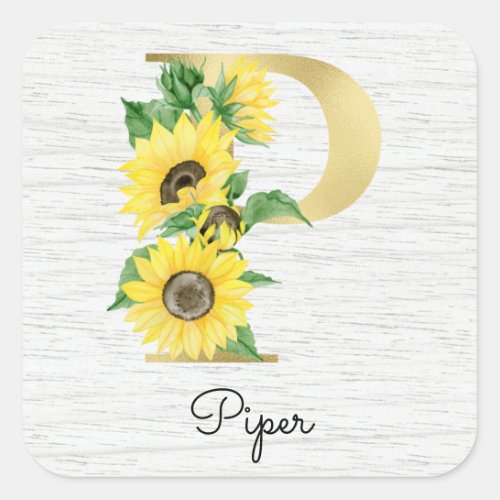 Monogram Gold Sunflower Girly Floral Initial P Square Sticker