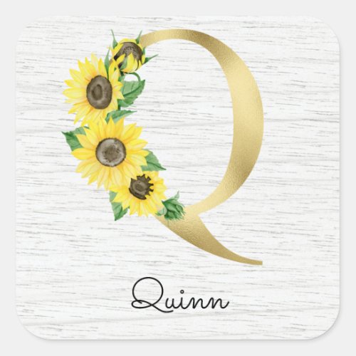 Monogram Gold Sunflower Girly Floral Initial Q Square Sticker