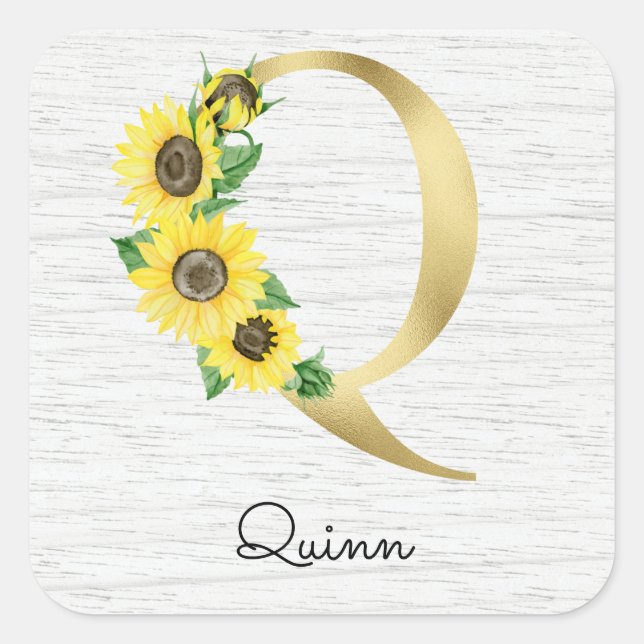 Monogram Gold Sunflower Girly Floral Initial Q Square Sticker (Front)