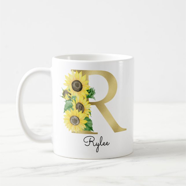 Monogram Gold Sunflower Girly Floral Initial R Coffee Mug (Left)