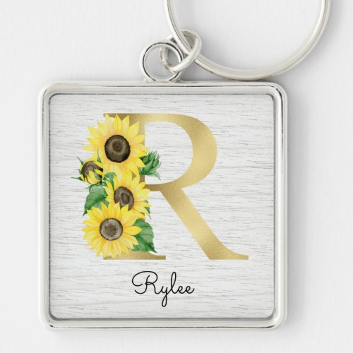 Monogram Gold Sunflower Girly Floral Initial R Keychain