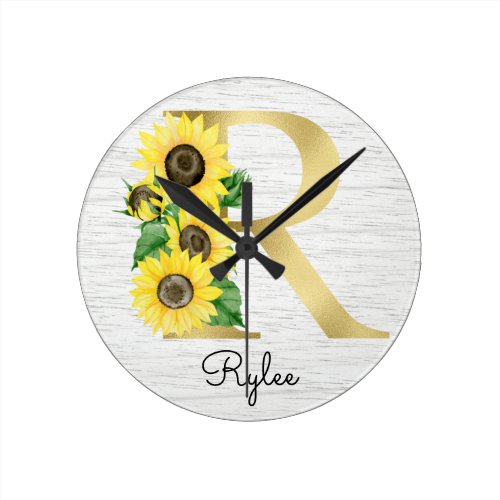 Monogram Gold Sunflower Girly Floral Initial R Round Clock
