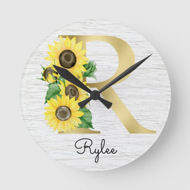 Monogram Gold Sunflower Girly Floral Initial R Round Clock (Front)