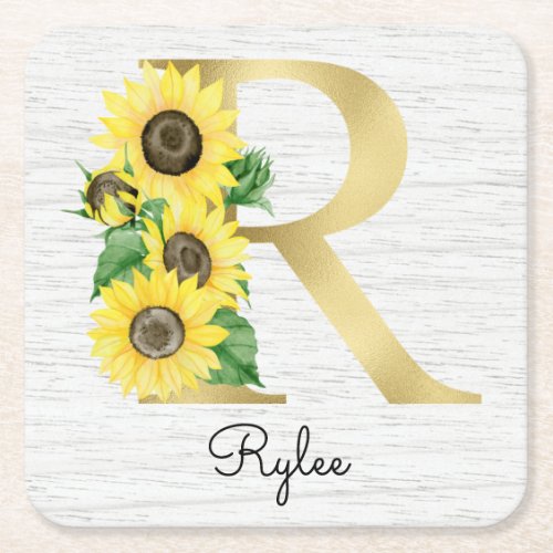 Monogram Gold Sunflower Girly Floral Initial R Square Paper Coaster