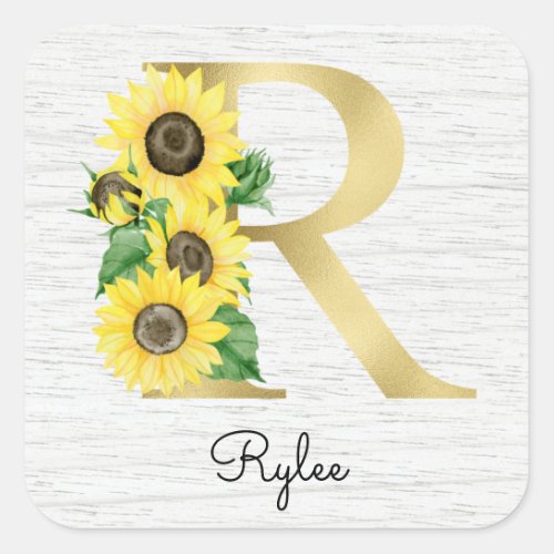 Monogram Gold Sunflower Girly Floral Initial R Square Sticker