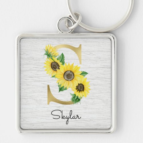 Monogram Gold Sunflower Girly Floral Initial S Keychain