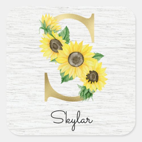 Monogram Gold Sunflower Girly Floral Initial S Square Sticker