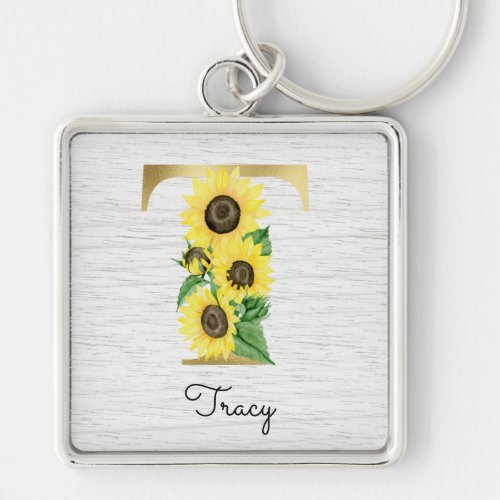 Monogram Gold Sunflower Girly Floral Initial T Keychain