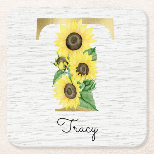 Monogram Gold Sunflower Girly Floral Initial T Square Paper Coaster