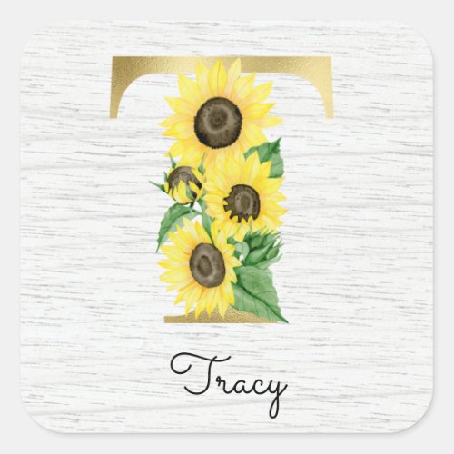 Monogram Gold Sunflower Girly Floral Initial T Square Sticker