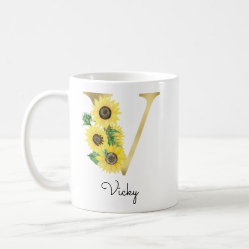 Monogram Gold Sunflower Girly Floral Initial V Coffee Mug