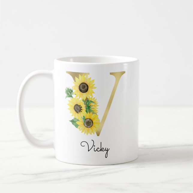 Monogram Gold Sunflower Girly Floral Initial V Coffee Mug (Left)