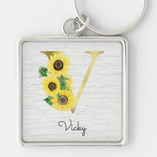 Monogram Gold Sunflower Girly Floral Initial V Keychain