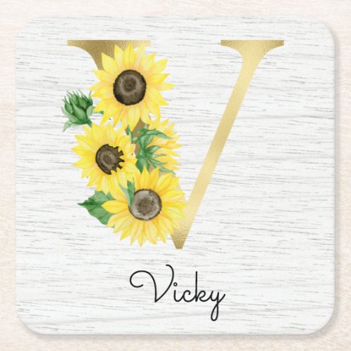 Monogram Gold Sunflower Girly Floral Initial V Square Paper Coaster