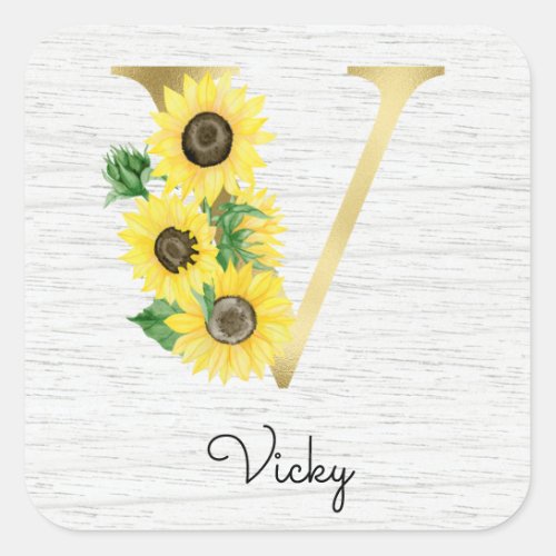 Monogram Gold Sunflower Girly Floral Initial V Square Sticker