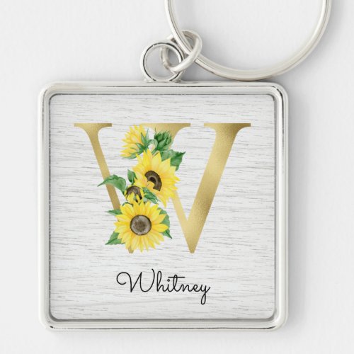 Monogram Gold Sunflower Girly Floral Initial W Keychain