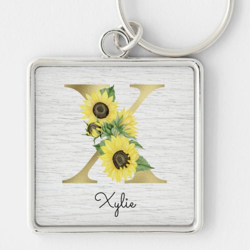 Monogram Gold Sunflower Girly Floral Initial X Keychain