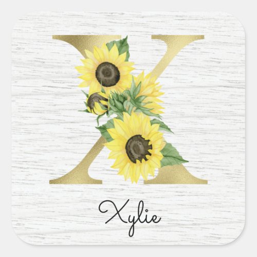 Monogram Gold Sunflower Girly Floral Initial X Square Sticker
