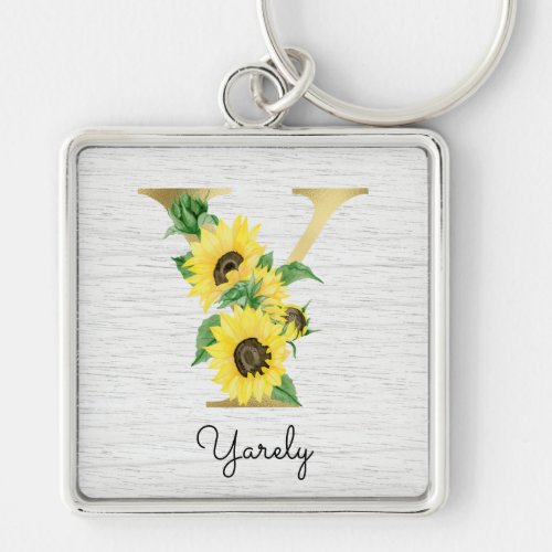 Monogram Gold Sunflower Girly Floral Initial Y Keychain