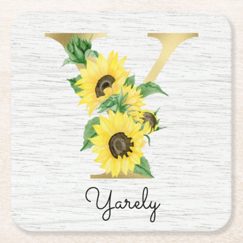 Monogram Gold Sunflower Girly Floral Initial Y Square Paper Coaster