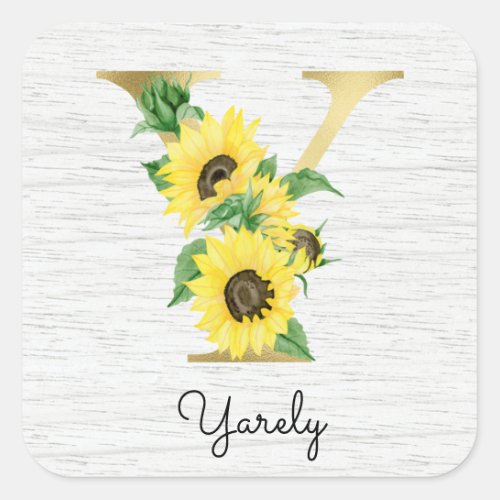 Monogram Gold Sunflower Girly Floral Initial Y Square Sticker