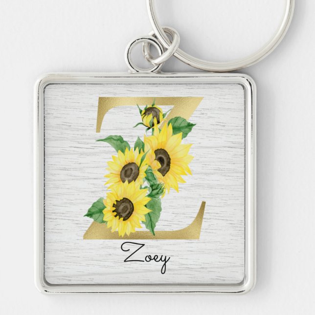 Monogram Gold Sunflower Girly Floral Initial Z Keychain (Front)