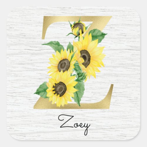 Monogram Gold Sunflower Girly Floral Initial Z Square Sticker