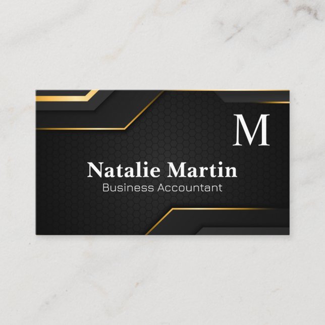 Monogram | Gold Trim | Black Sleek Background  Business Card (Front)