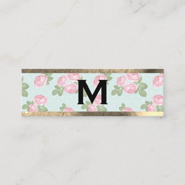 Monogram Gold Trim | Roses and Polka Dots Mini Business Card (Front)