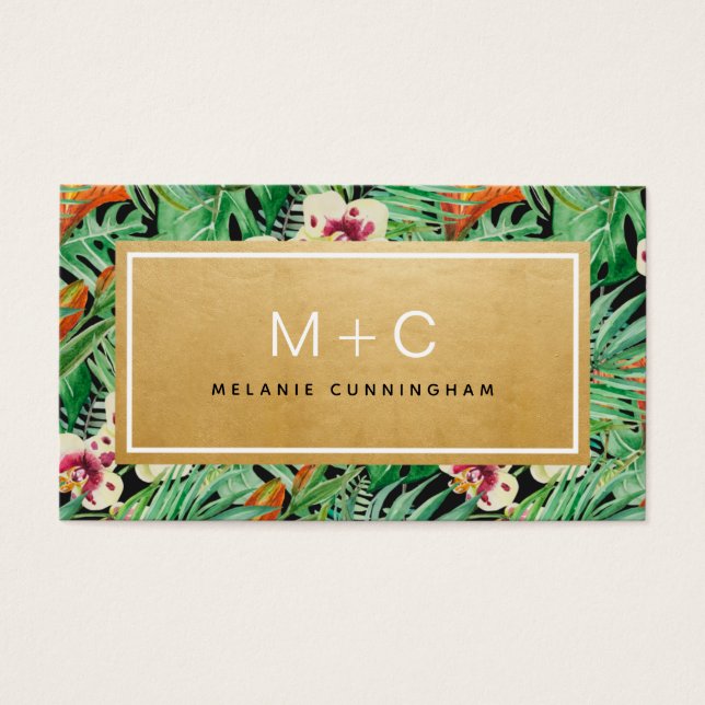 Monogram Gold Tropical Leaves Business Cards (Front)