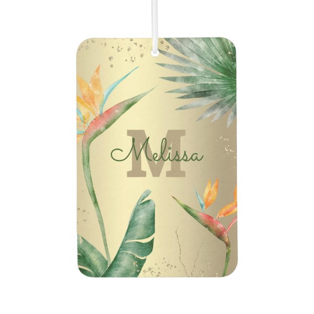 Monogram Gold Tropical Palm Foliage Floral Script Air Freshener (Front)