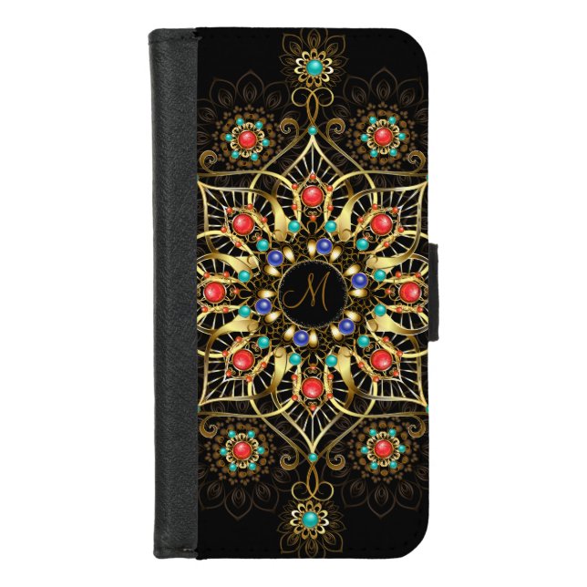 Monogram Gold Turquiose Red Mandala Jewel  iPhone Wallet Case (Front)