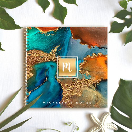 Monogram gold turquoise marble watercolor square notebook