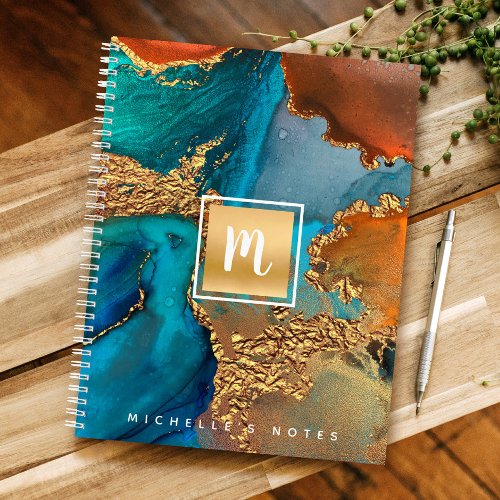 Monogram gold turquoise orange marble watercolor notebook