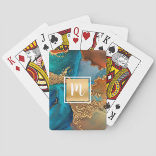 Monogram gold turquoise orange marble watercolor poker cards