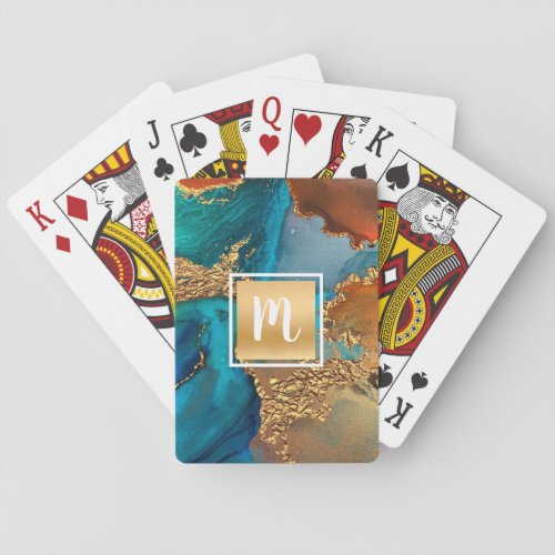 Monogram gold turquoise orange marble watercolor  poker cards